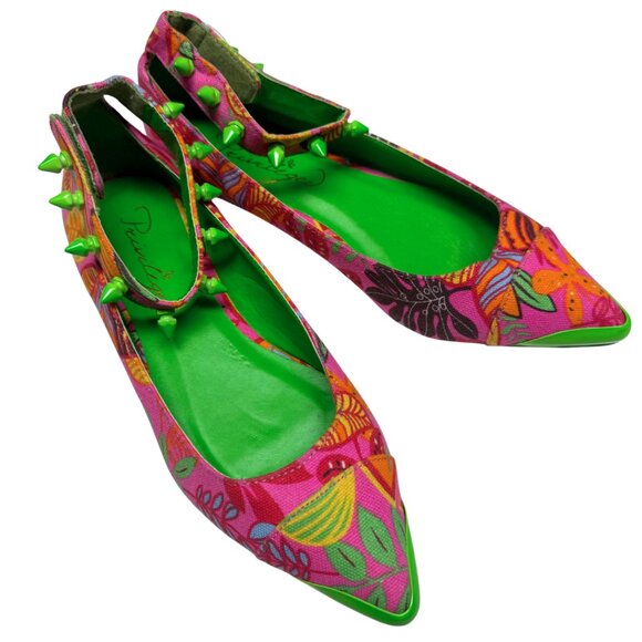 Pointed Toe Floral Flats w/ Green Studded Ankle Straps Women’s 9 New - Picture 1 of 11